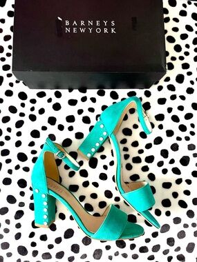 Barneys New York Turquoise Suede Studded Block Heel Sandals